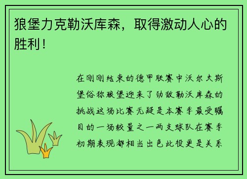 狼堡力克勒沃库森，取得激动人心的胜利！